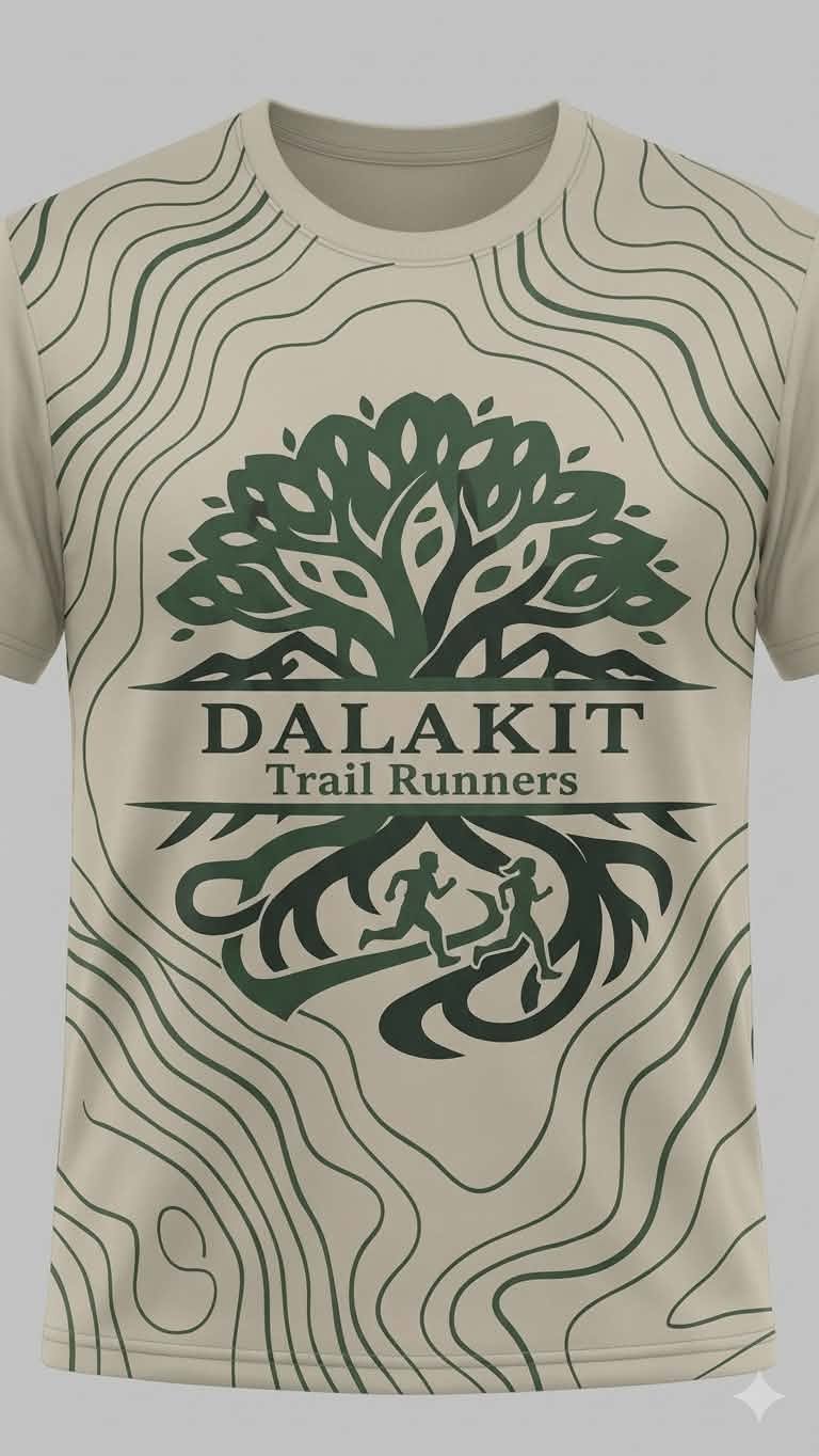 Dalakit shirt front — tree, trail runners, topographic lines