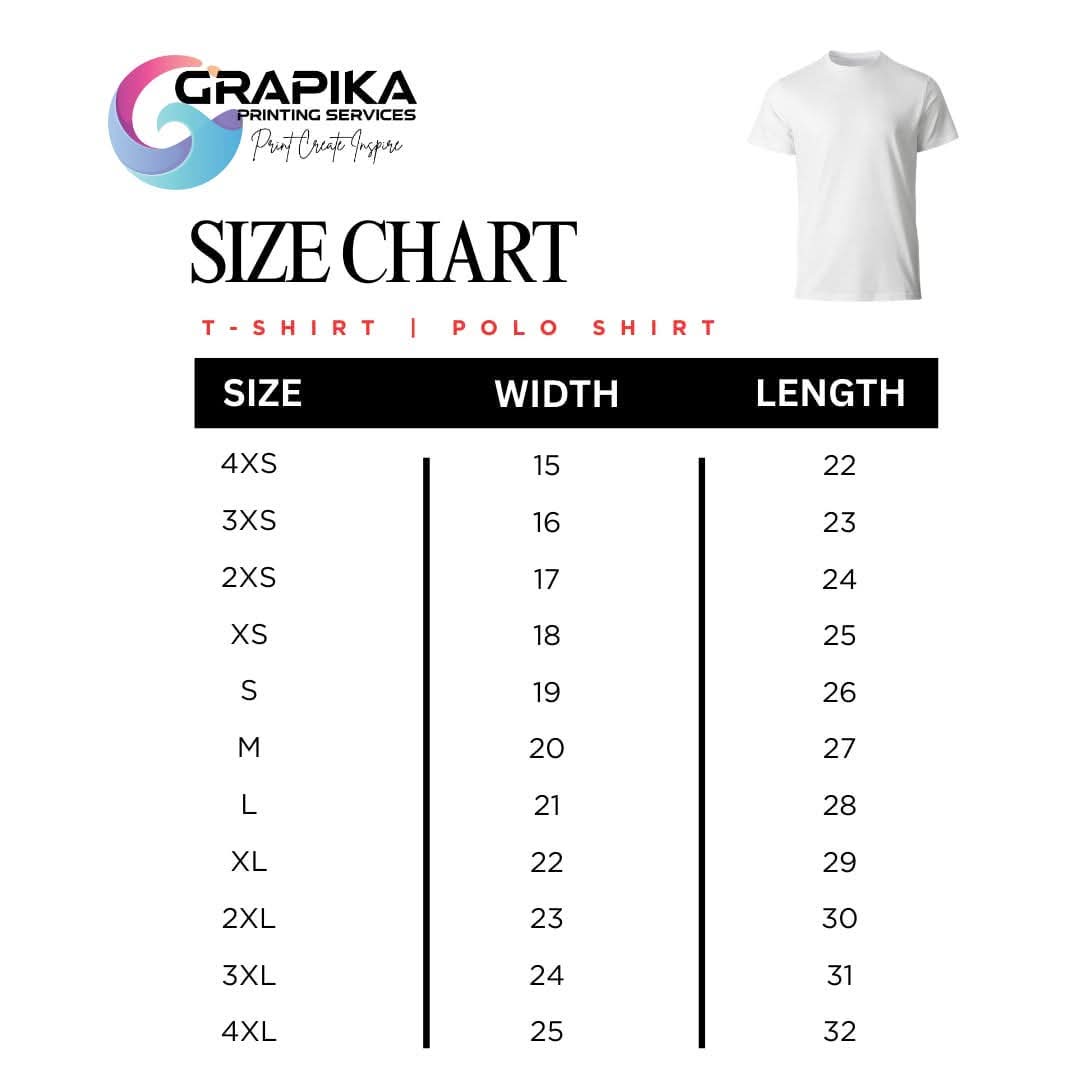 Grapika t-shirt and polo size chart. 4XS is 15 by 22 inches, up to 4XL at 25 by 32 inches.